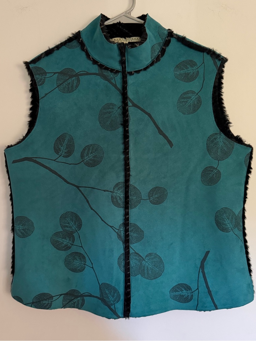Robert Kitchen Teal Leaf Print Faux Leather Fur Trim Vest L Large